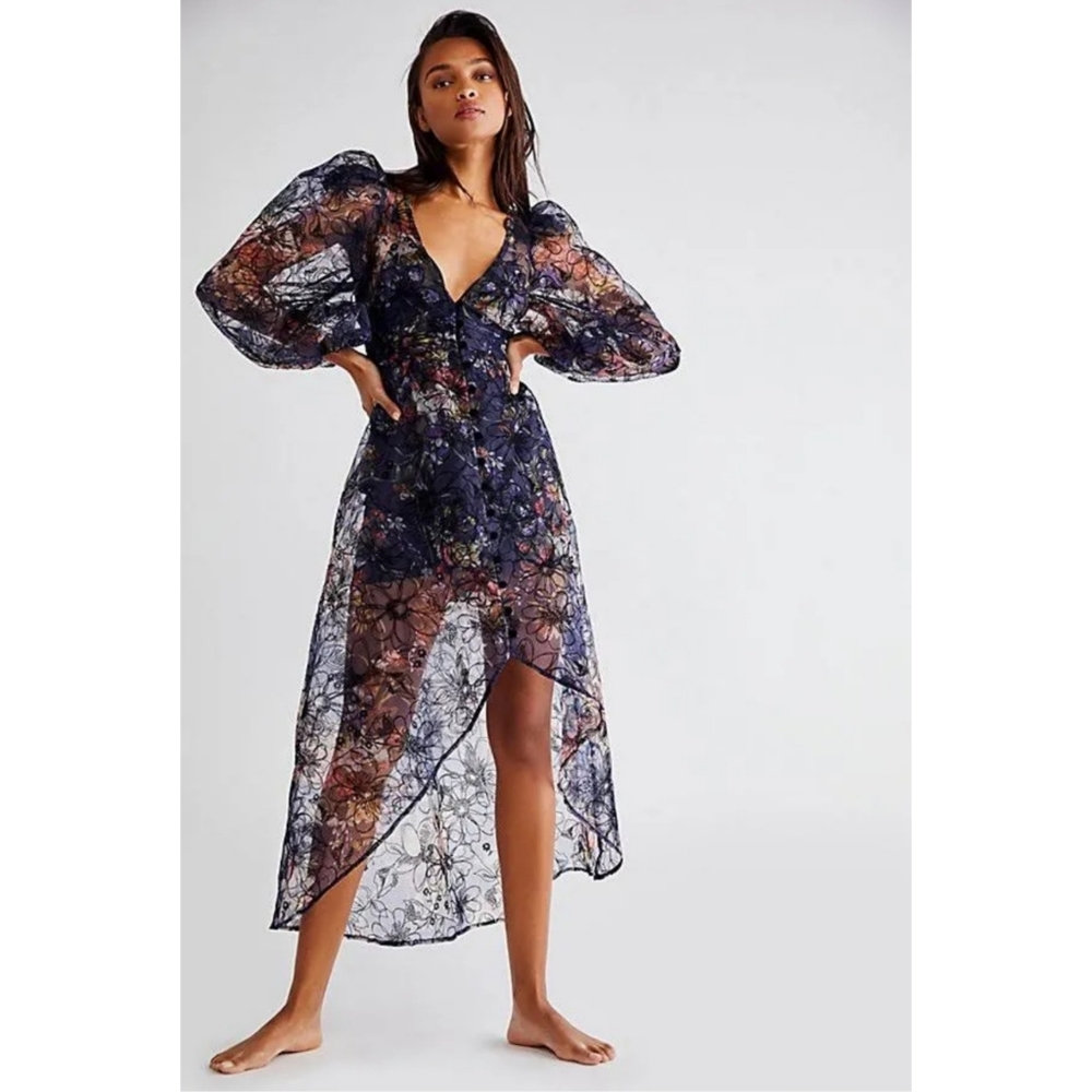 Free People × for Love & Lemons Sophia Sheer Puff Sleeve Midi Dress Sz/XS